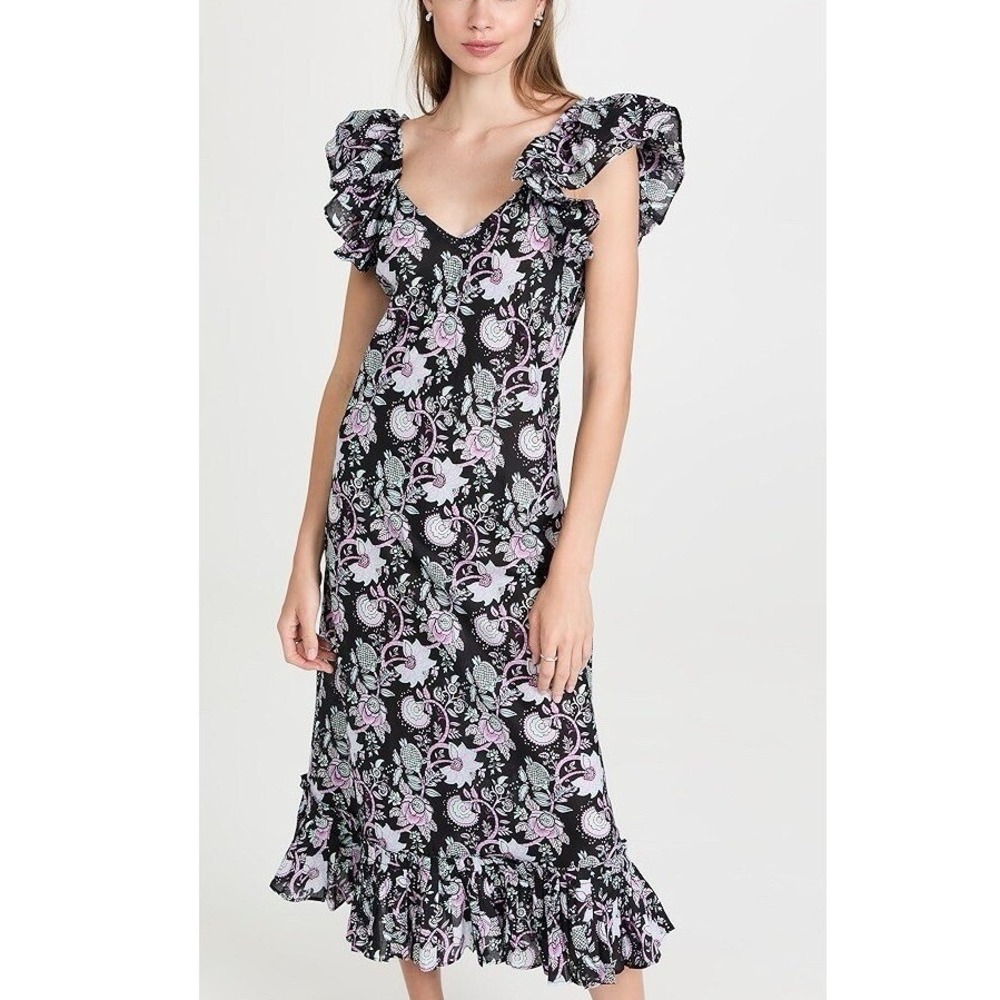 New Mille 100% Cotton Black Floral Ruffle Hem Midi Klara Dress Small Lightweight